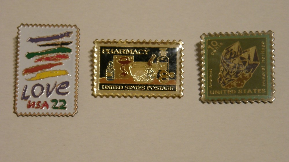 Love / Pharmacy / Amethyst  Postage Stamp Pinbacks Three Total Lightly Used