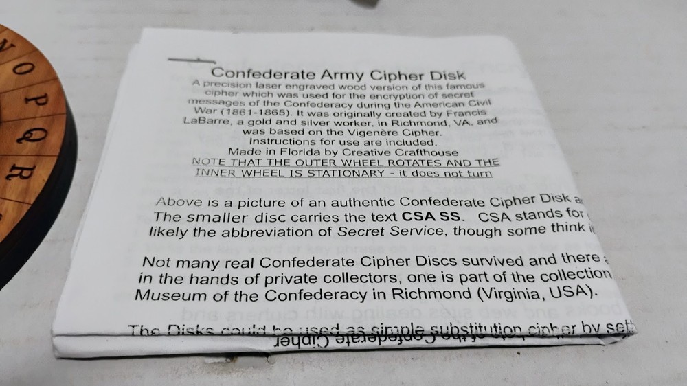 CREATIVE CRAFTHOUSE CONFEDERATE ARMY HANDMADE WOOD CIPHER DECODER MADE IN USA