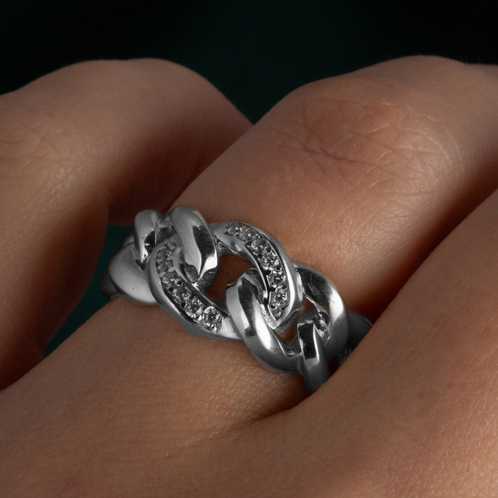 Sterling Silver CZ Cuban Chain Link Statement Ring 9.5 mm