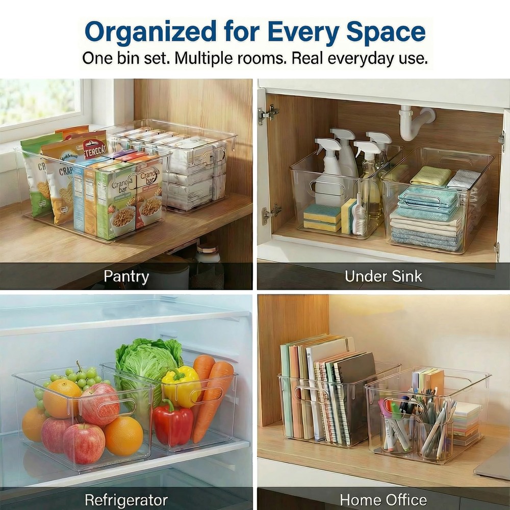 MOONEDGE 4 Pack Open Clear Plastic Storage Bins 11x8x6 Stackable Organizer Conta