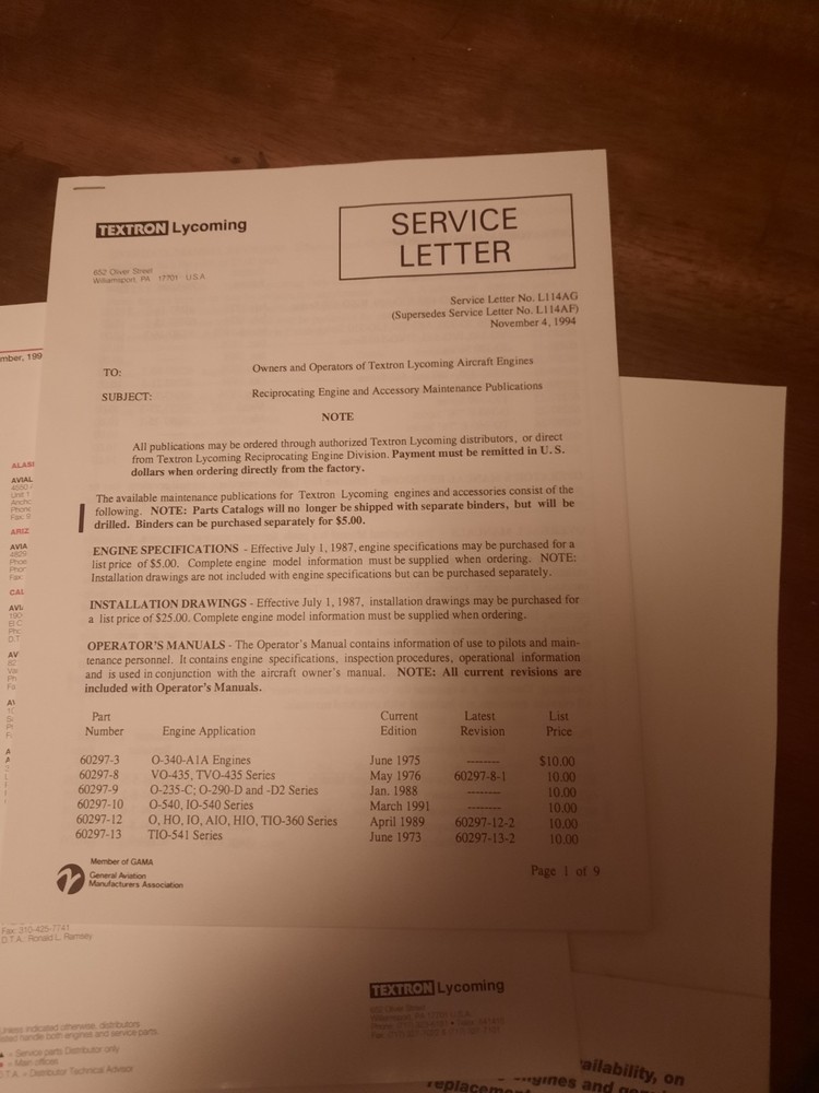 1996 Lycoming Data Pak Service Bulletins