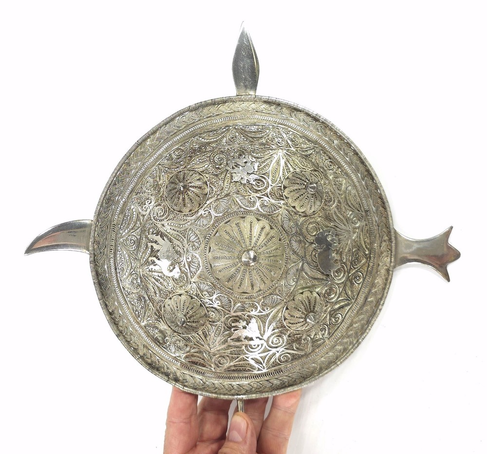 Antique Mid Eastern Solid Sterling Silver Filagree Shield St. George St. Mark
