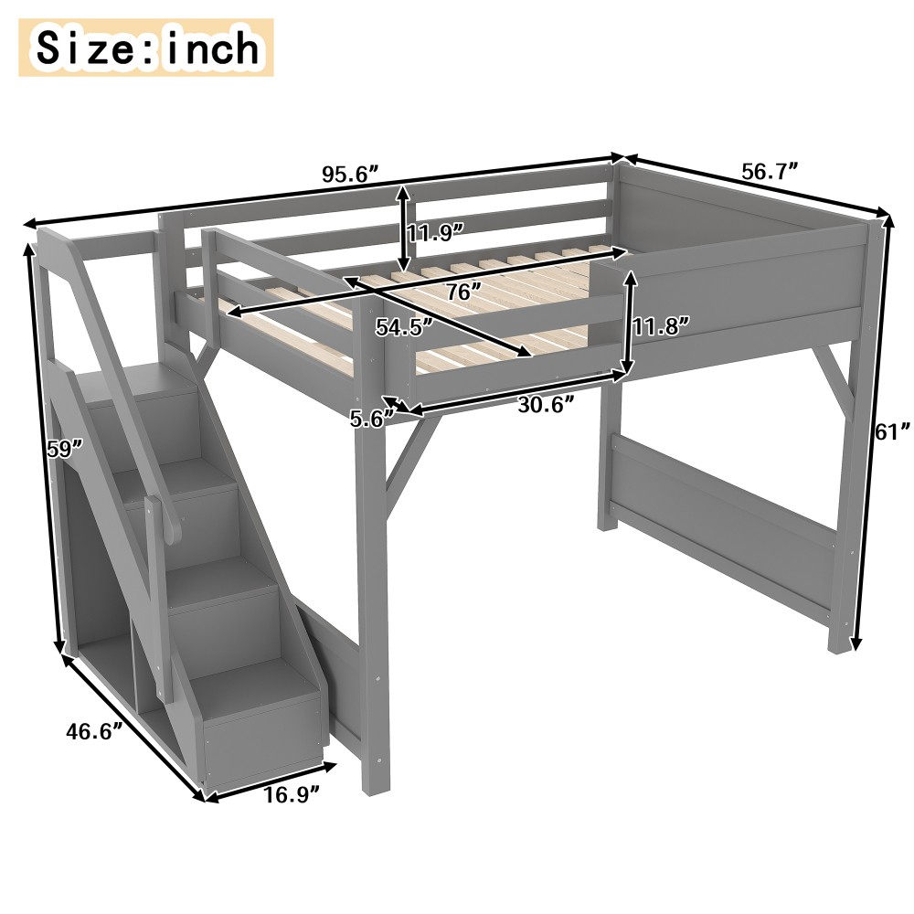 Full Loft Bed with Built-in Wardrobe & Storage, w/Ladder & Desk, Solid Wood