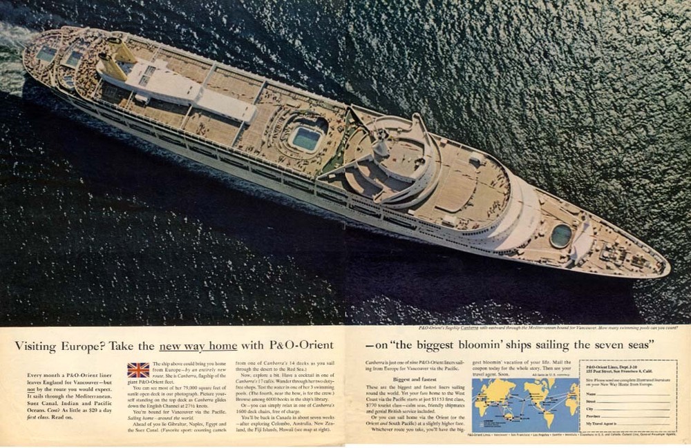 Visiting Europe? P&O-Orient S S Canberra ad 1964
