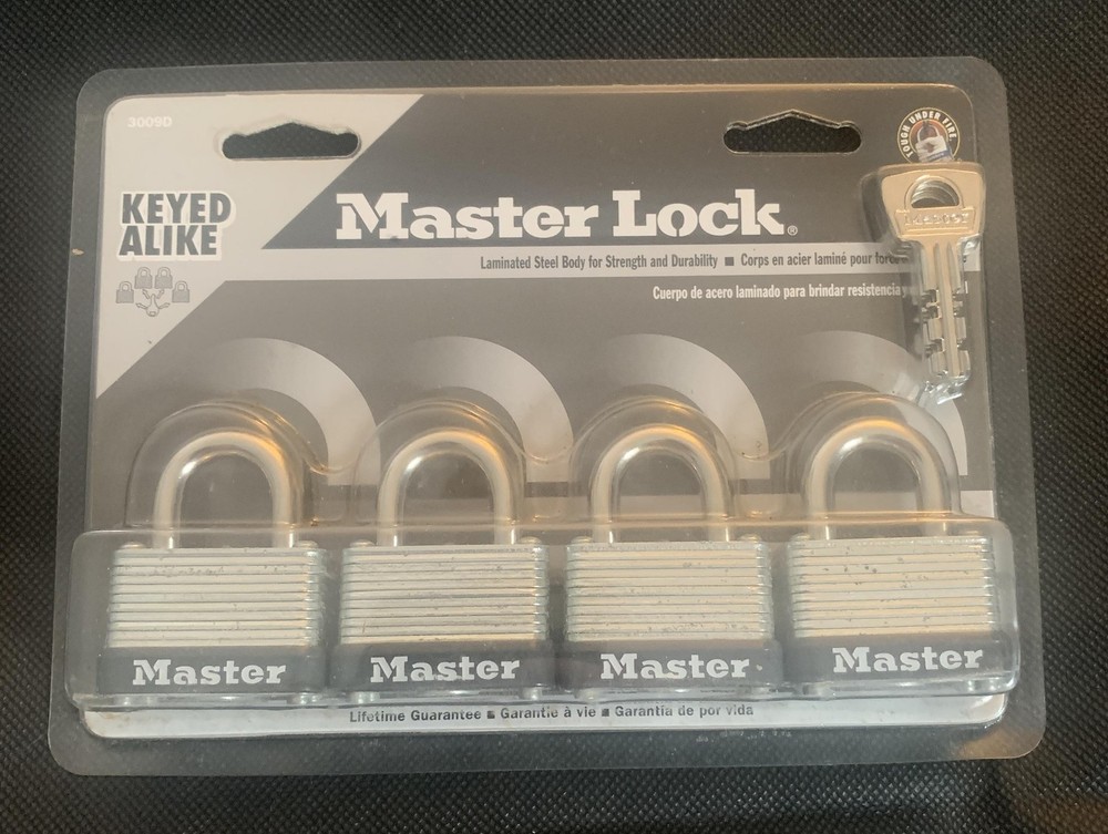 Master Lock Keyed Alike Laminated Steel Padlocks 4 Pack Small Silver 3009D