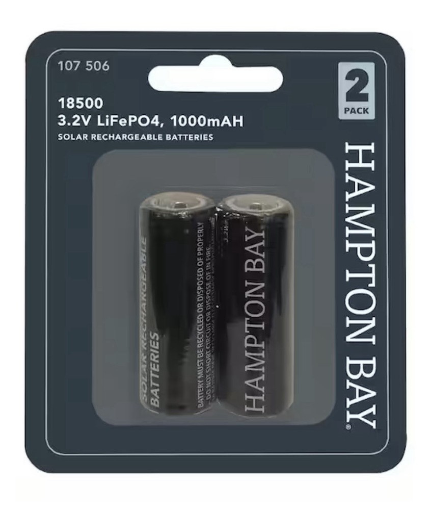 Hampton Bay Lithium Phosphate 1000mAh Solar Rechargeable 3.2V Batteries 18500