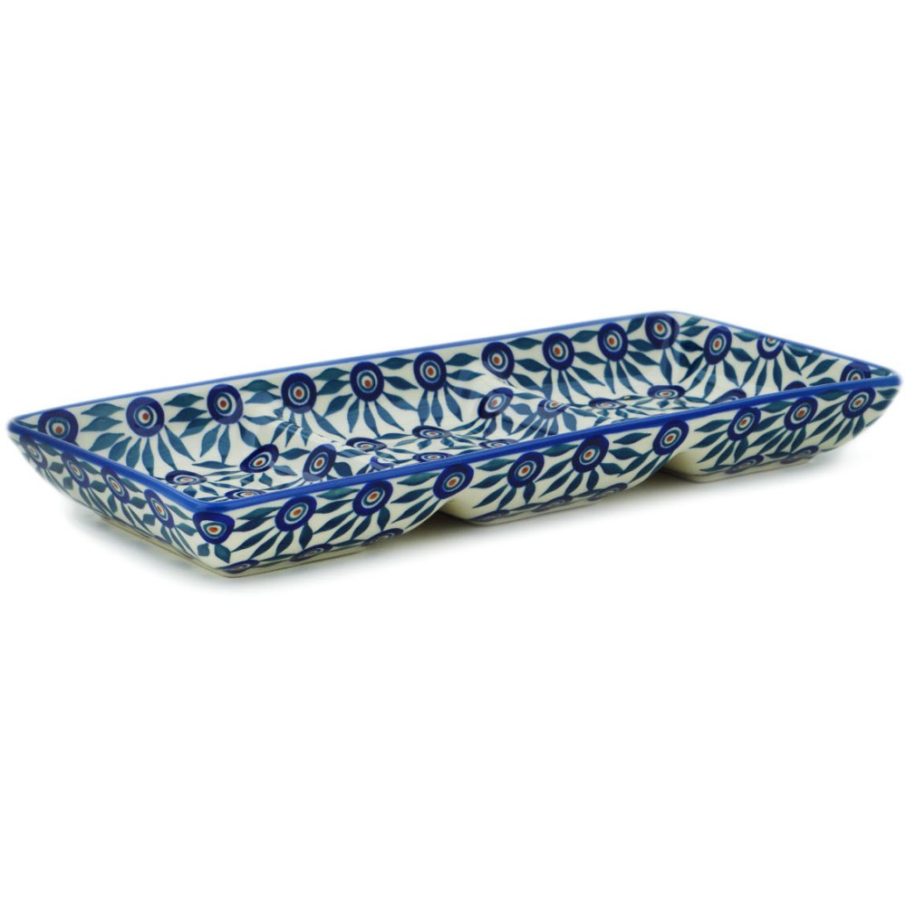 Polish Pottery Divided Dish 14" Peacock Train UNIKAT