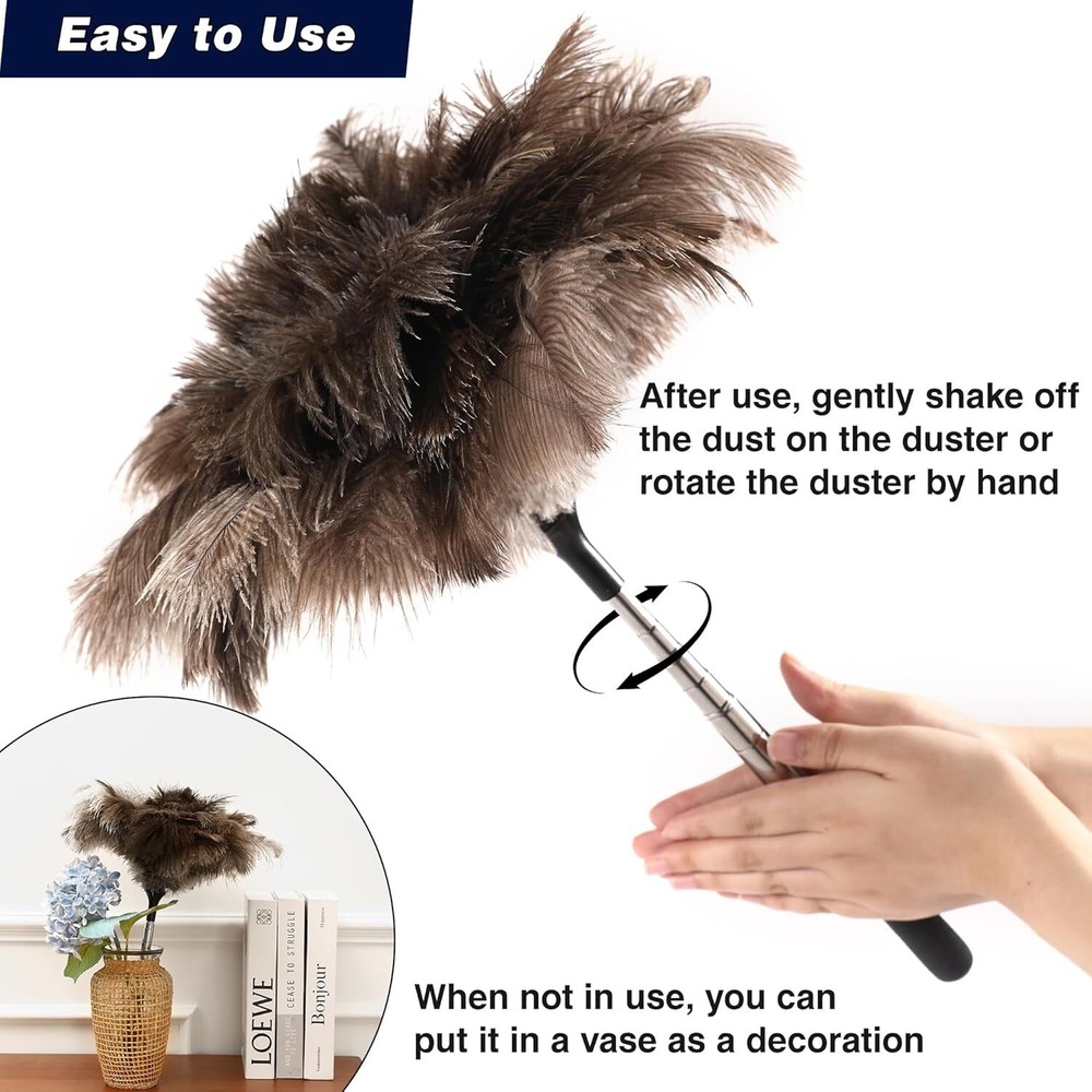 Extendable Ostrich Feather Duster - 40 Inches Fluffy Long Handle Reusable