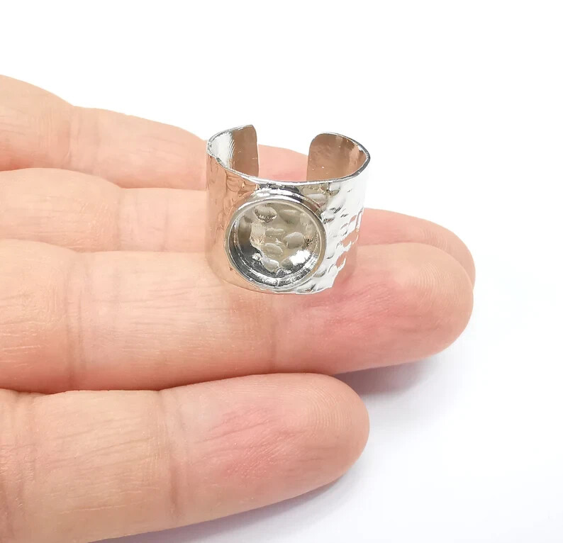 Shiny Silver Ring Setting Bezel Resin Base Cabochon Blank Adjustable Ring G35652