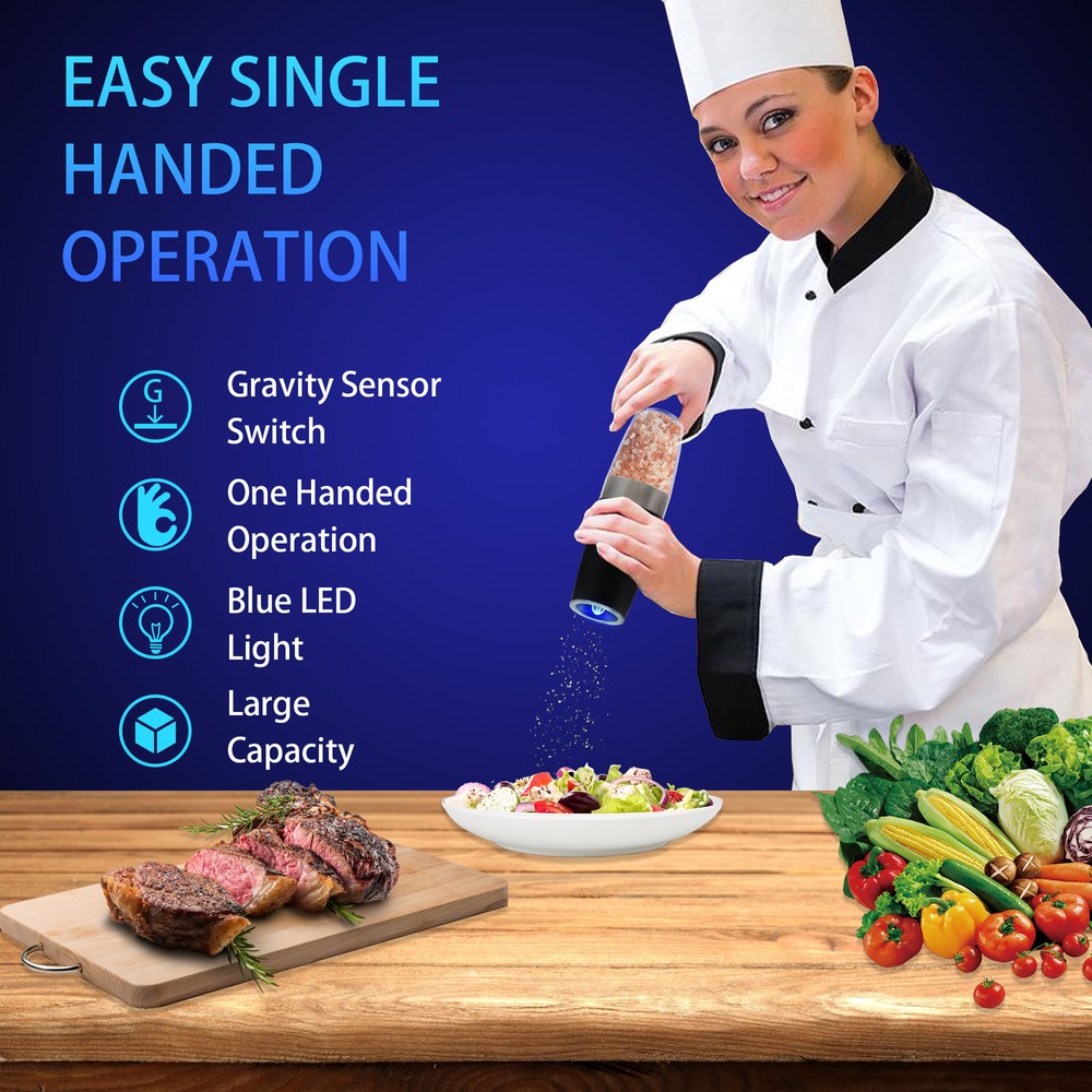 2 Pack Gravity Electric Salt and Pepper Grinder Mill Shaker Adjustable Automatic