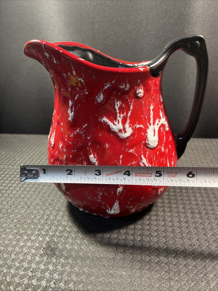 NICE red & white Detailed Splattered 36oz Pitcher With Black Handle 6.6” Tall