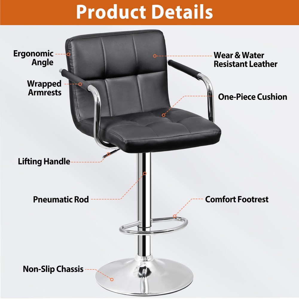 2PCS Adjustable Bar Stools PU Leather Modern Dinning Chair with Armrest Black