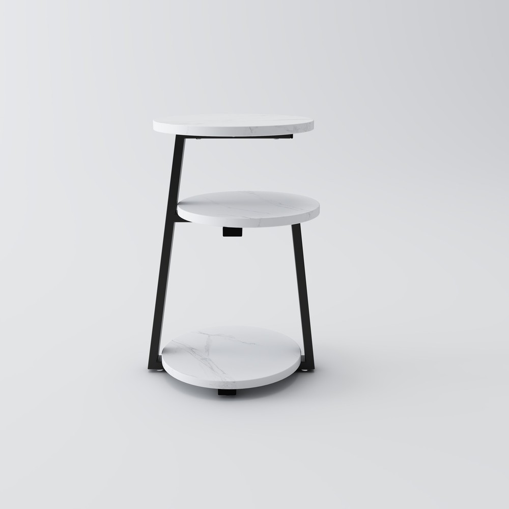 Small Round Side Table with 3-Tier Storage - White Black End Table, Sturdy Met