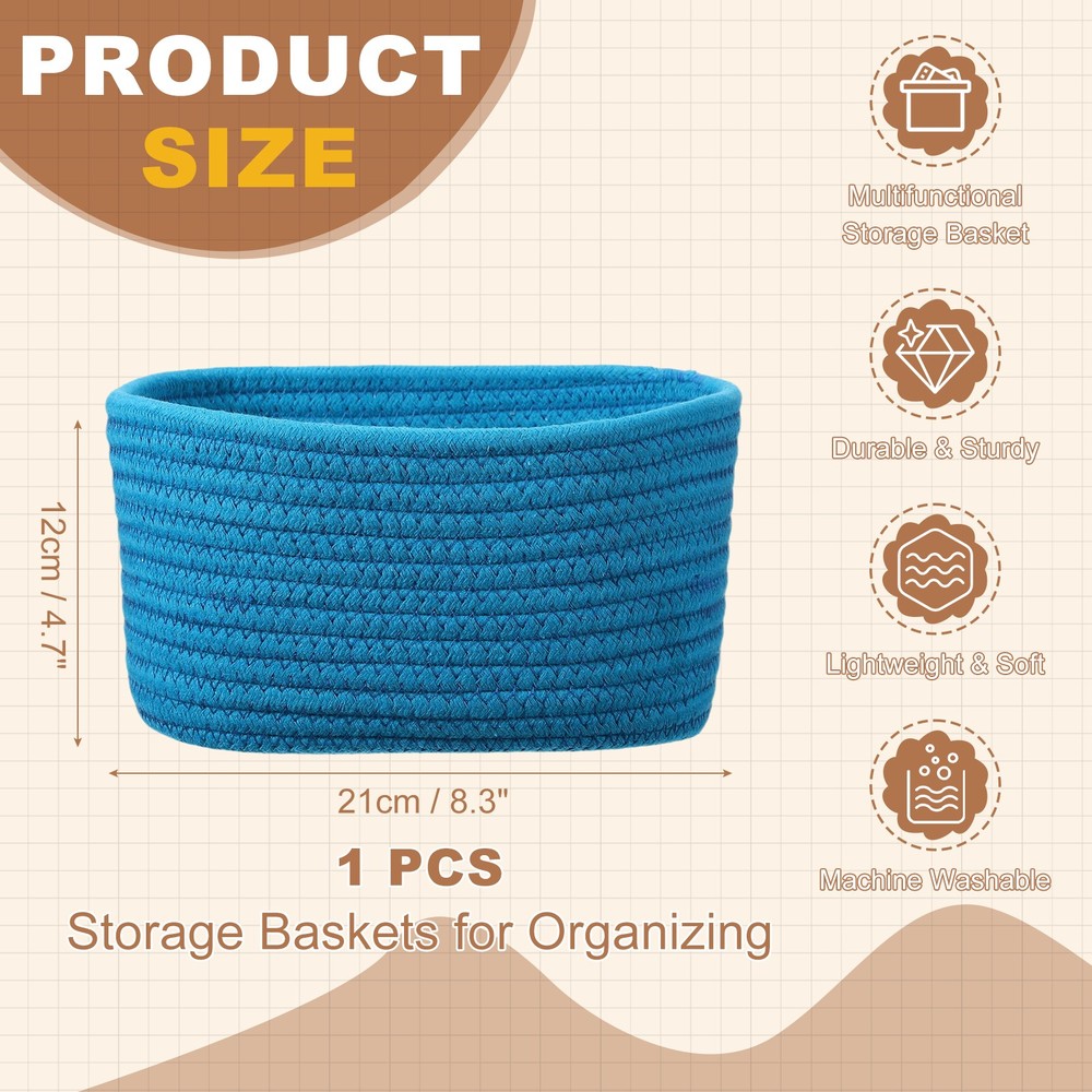 Small Rope Basket, 8.3x5.9x4.7 Inch Small Woven Basket Rectangular Blue