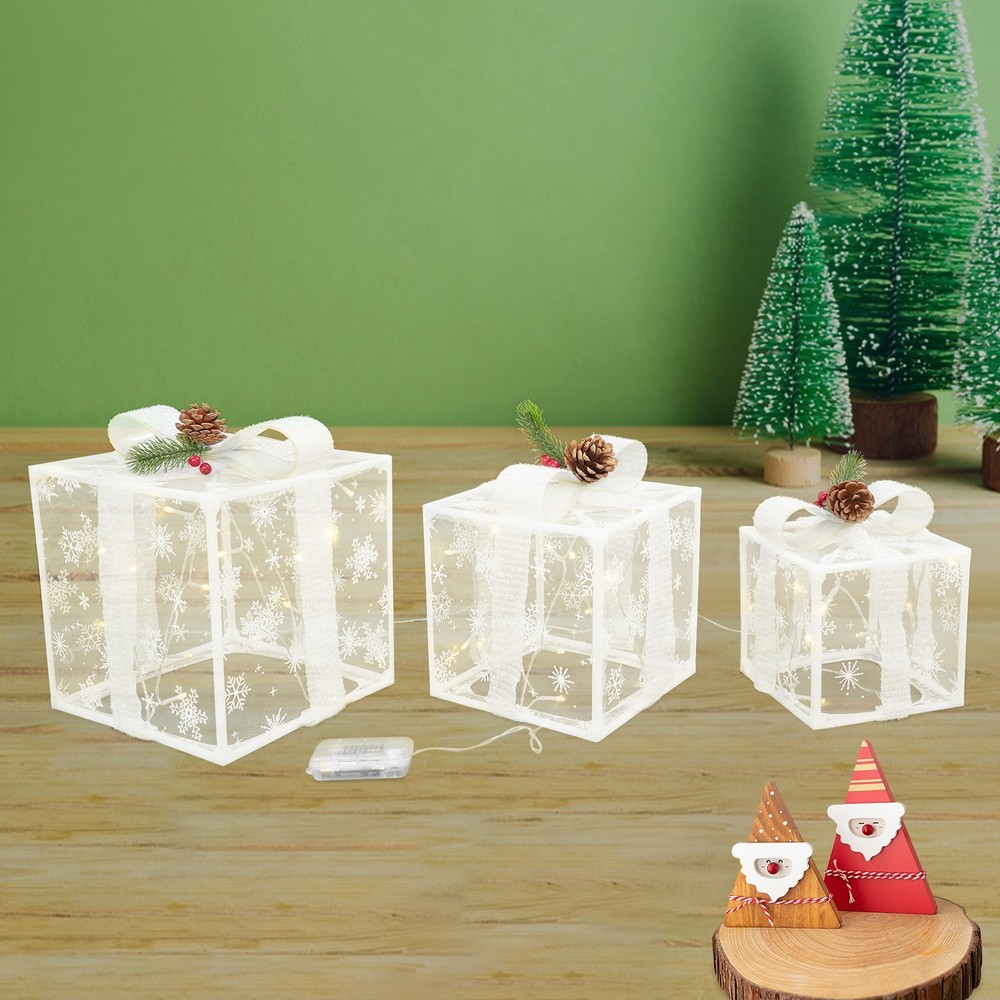 Set Of 3 Lighted Gift Boxes, 50 White Lights Present Box Lighted Display Decor