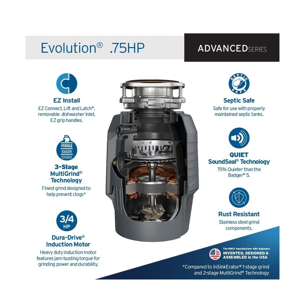 InSinkErator EVOLUTION 0.75HP 3/4 HP, Advanced Series EZ Connect Continuous F...