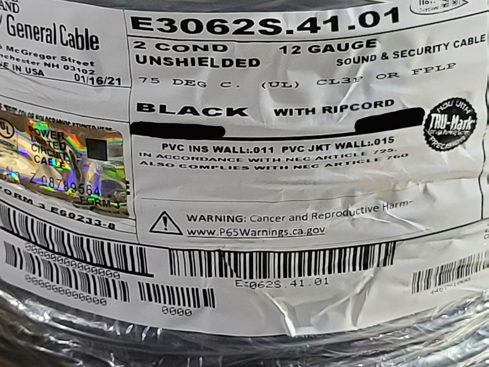 Carol E3062S 12/2C Stranded Plenum Speaker/Communication Cable CMP Black /50ft