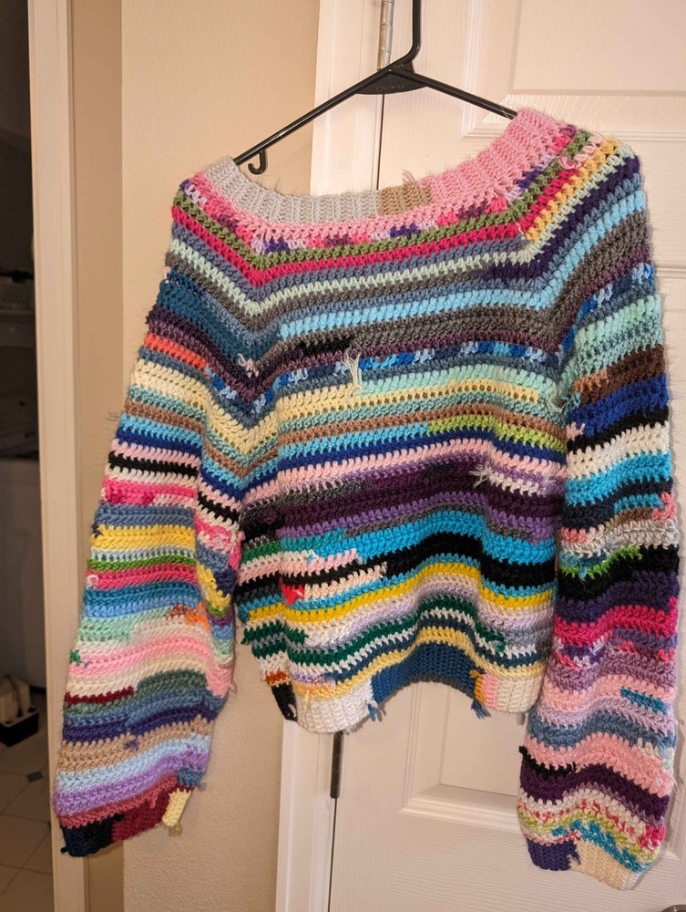 Handmade Raglan Style Crocheted Scrap Sweater Yarn Sized Medium