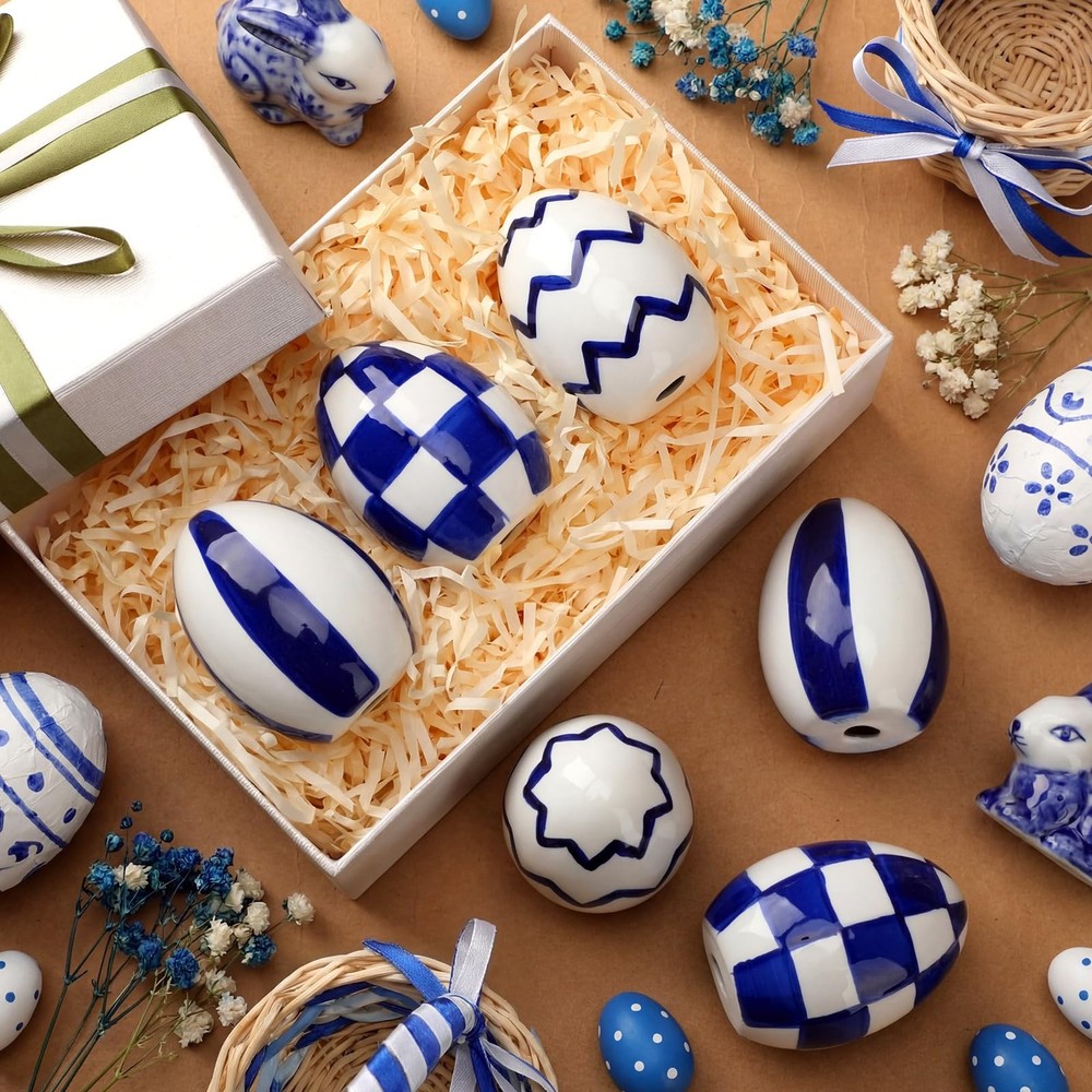 6 Pcs Ceramic Easter Eggs Blue and White Checkered Porcelain Eggs Spring Bask...