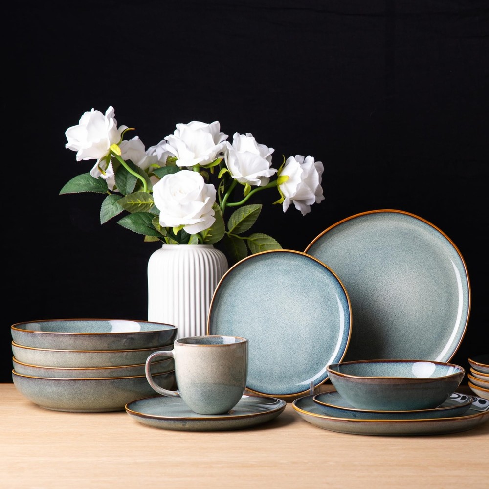 Ceramic Dinnerware Sets,Handmade Reactive Glaze Stoneware Plates and Bowls Se...