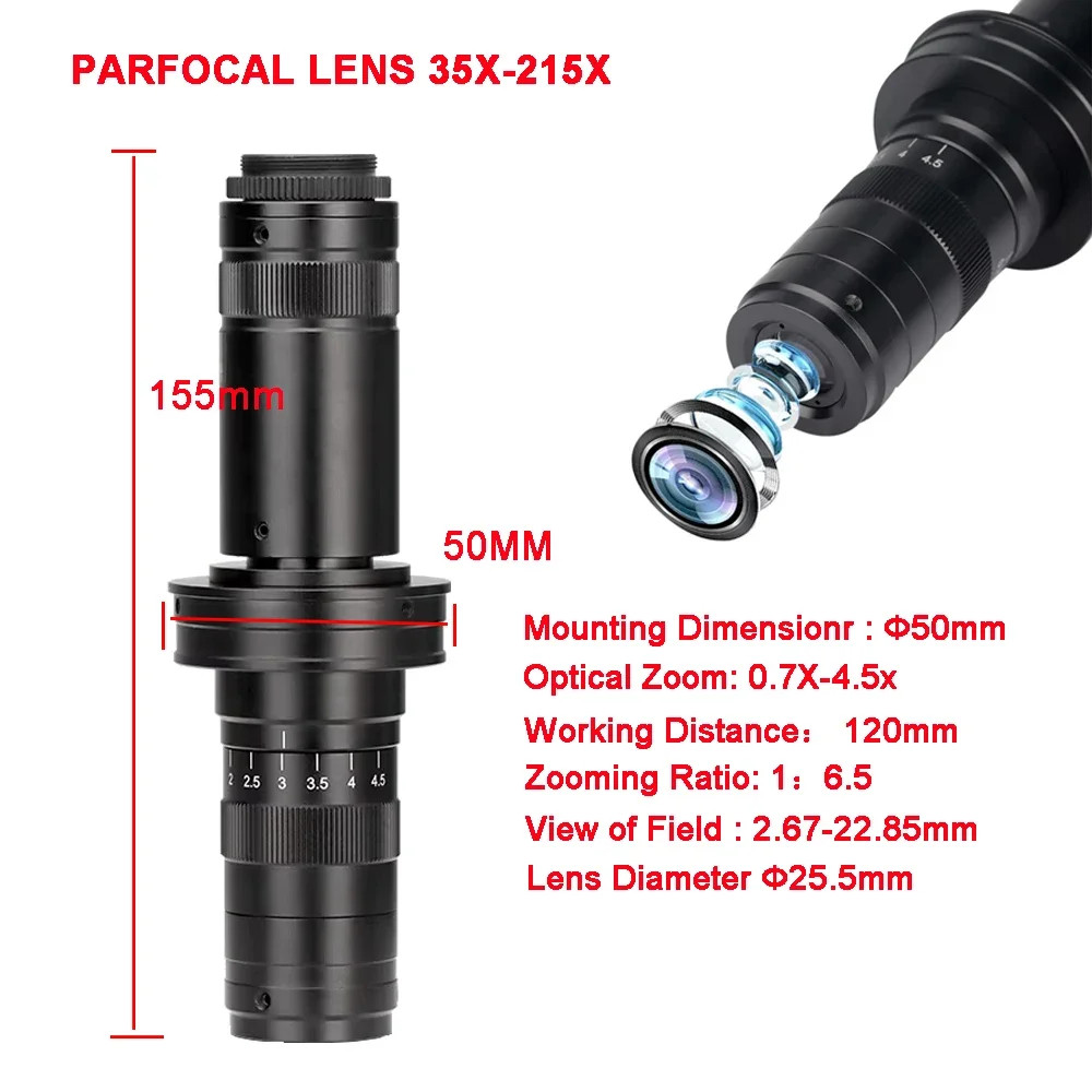 35-215X Microscope Lens Interface Confocal Adjustable Magnification Optical Zoom