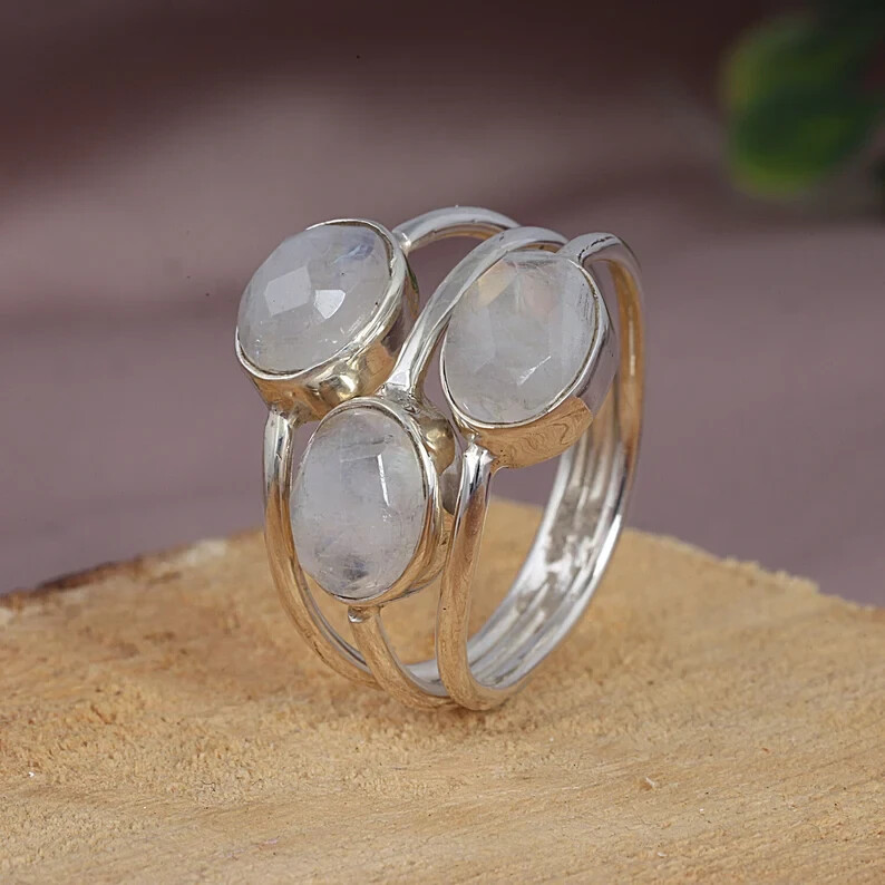 Rainbow Moonstone 925 Sterling Silver Band & Statement Ring Handmade All Size
