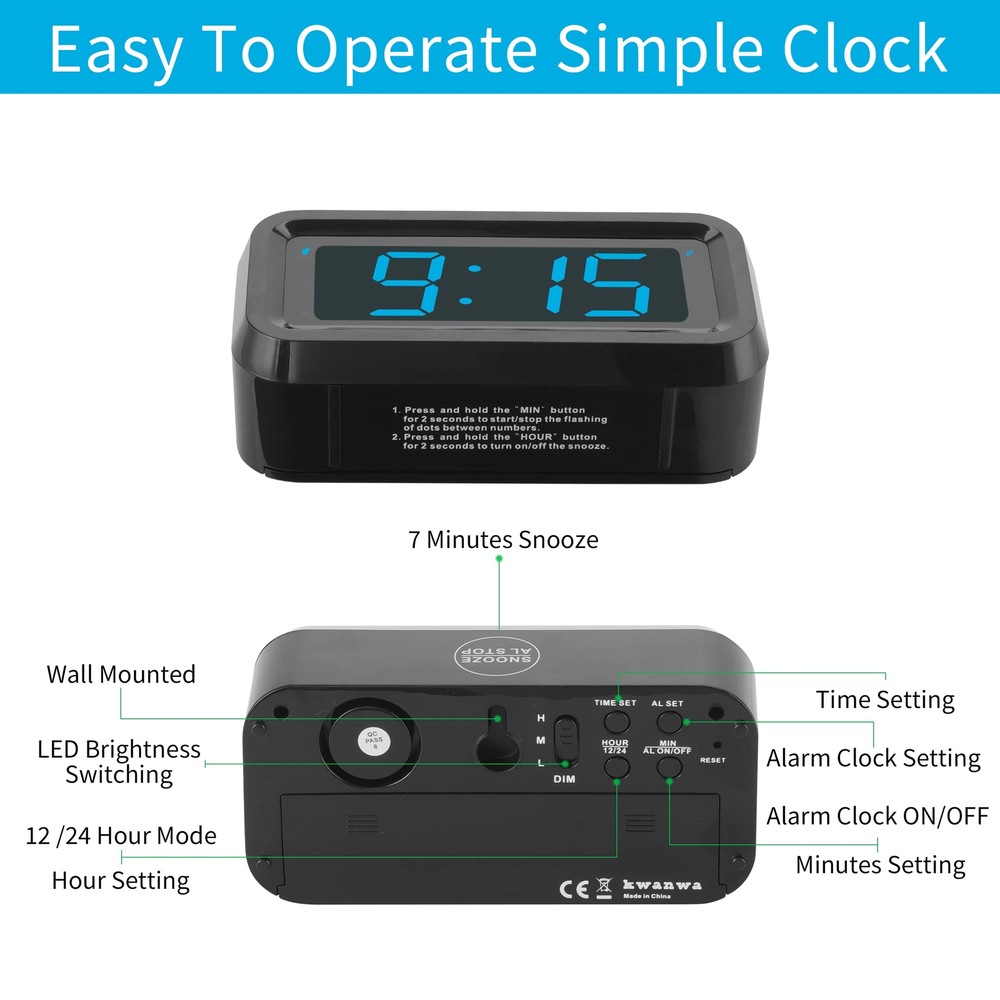 Alarm Clock, Digital Clock, Constantly 1.2'' LED Blue Digits Display, Battery