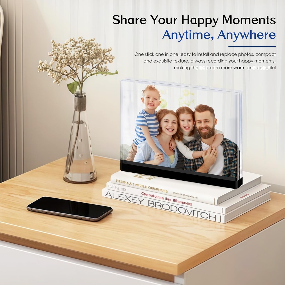 Magnetic Acrylic Picture Frames – Thick Double-Sided Clear Display, Black Bas...