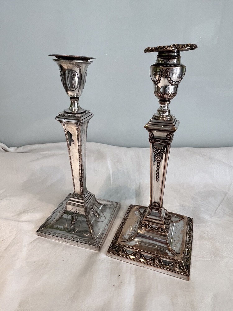2 Early 19thc Antique Silver Plated Classical Themed Candlesticks