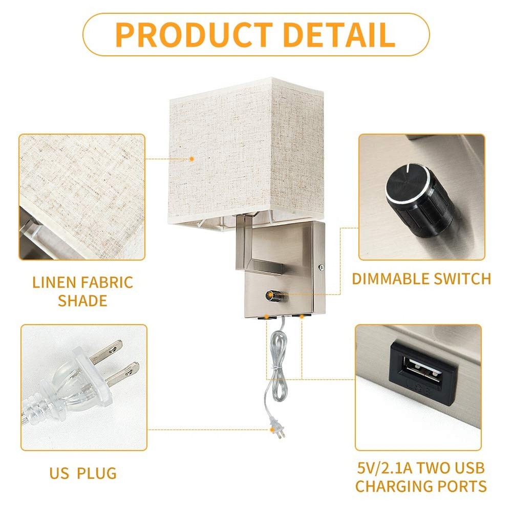 Bedside Wall Mount Light with Dimmer Switch and Two USB Charging Port,Fabric ...