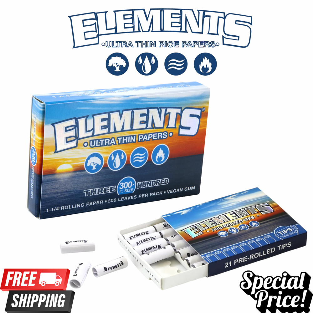 Elements 300 Ultra Thin Rice Rolling Papers 1 1/4 Elements Pre-Rolled 21 Tips