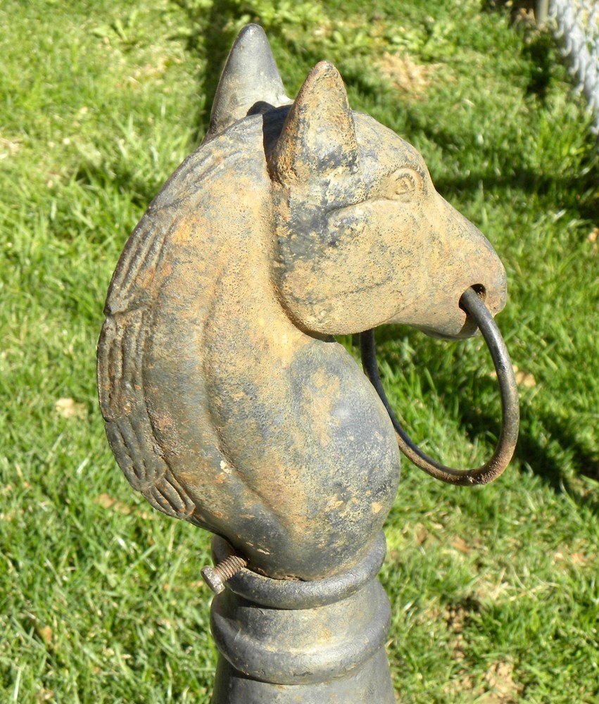 TWO Matching Authentic 42" Cast Iron HORSE HEAD Hitching Posts w/ 8-Sided Base
