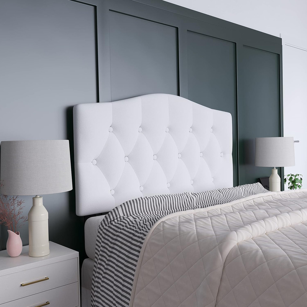 Tufted Upholstered Full Size Headboard in White Fabric