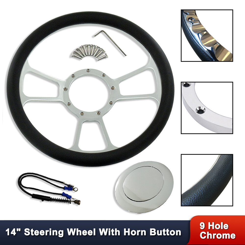 GM 14" Split Tri-Spoke Steering Wheel 9-Hole w/ Chrome Smooth Horn Button