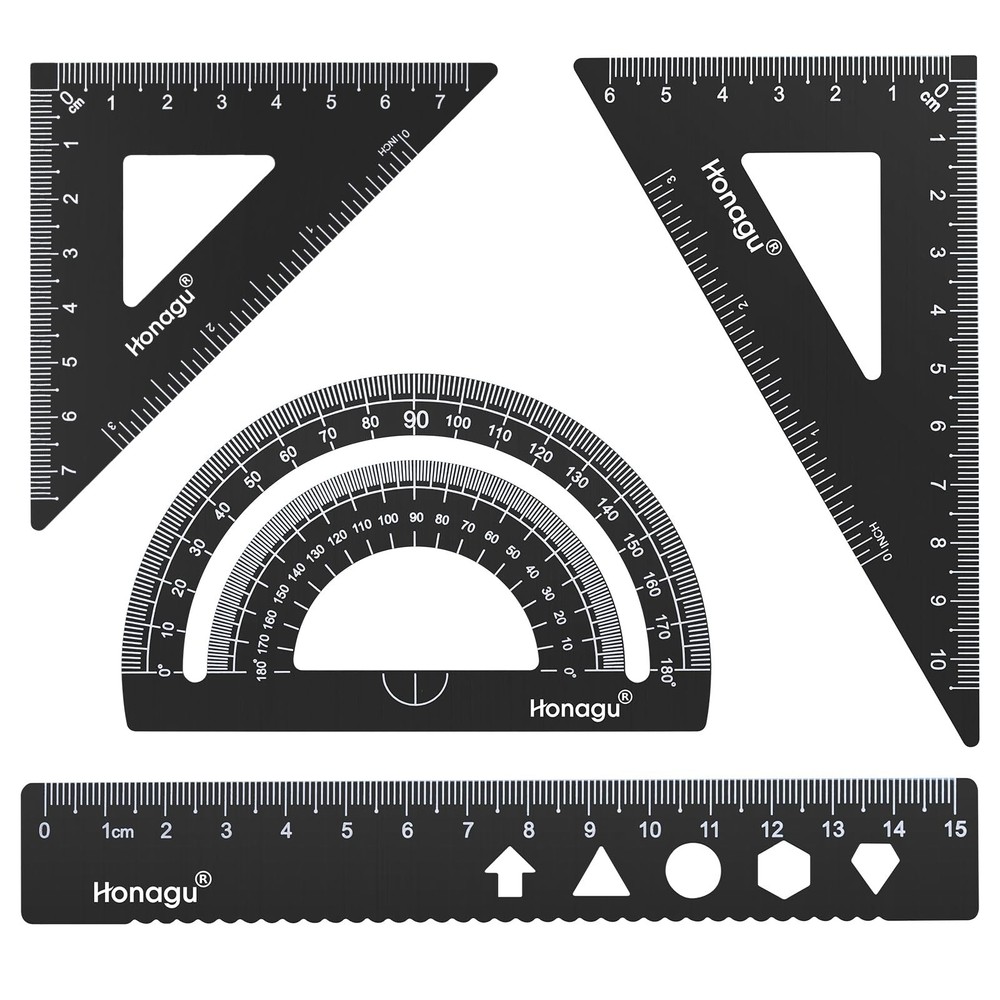 Honagu Triangular Ruler Set, 4 PC Metal Drafting Ruler, Geometric Protractor,...