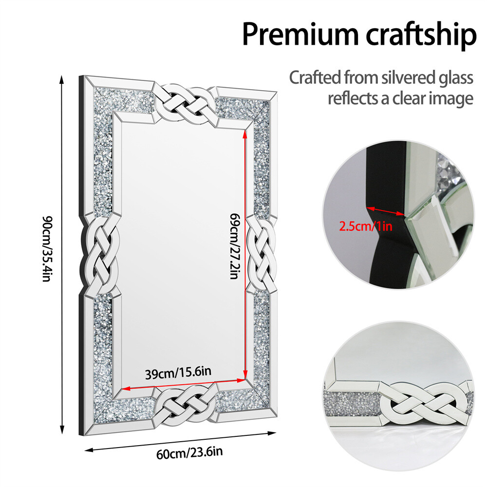 Large Crystal Crush Diamond Mirror Rectangular Silver Mirrors for Wall Decor US