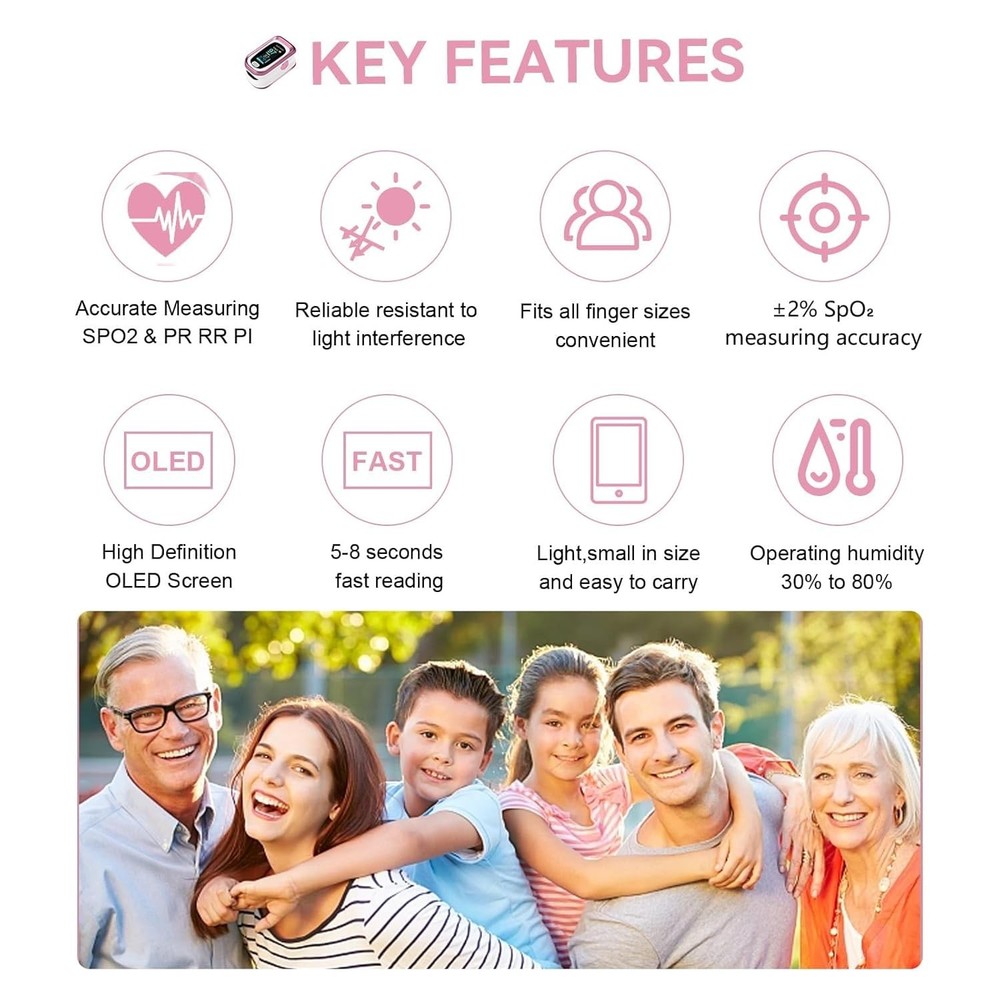 Accurate 4-Data Pulse Oximeter in Pink with Real-Time Respiratory Function