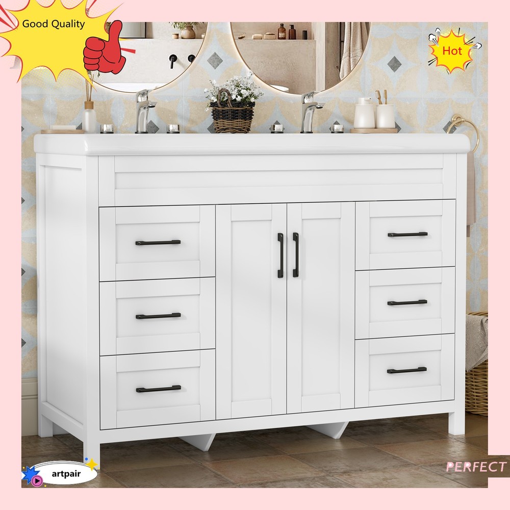 47" Bathroom Vanity Set & Double Ceramic Sinks Artificial Marble Countertop , US