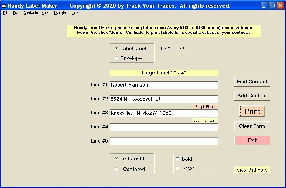 Software prints mailing labels. Home/Office Mass mailing, mail list Address book