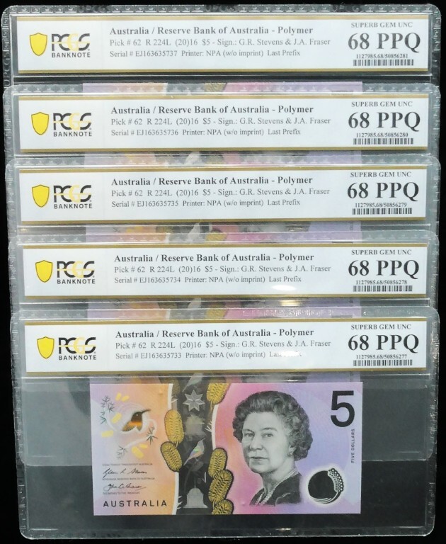 5 x Consecutives 2016 Last Prefix EJ16 $5 Notes PCGS SUPERB GEM UNC 68 PPQ #6277