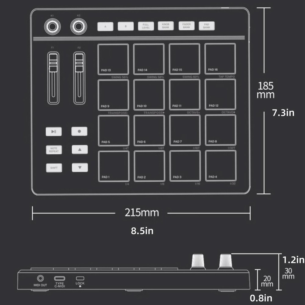 USB MIDI Controller Beat Maker 16 Beat Pads 2 Fader Knobs Drum Machine