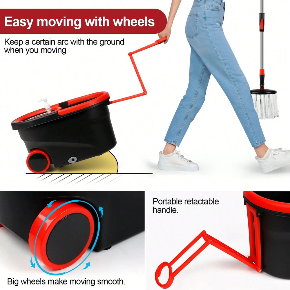 Heavy Duty Rolling Spin Mop Bucket Set Wringer 3 Heads Adjustable Handle HomeUse