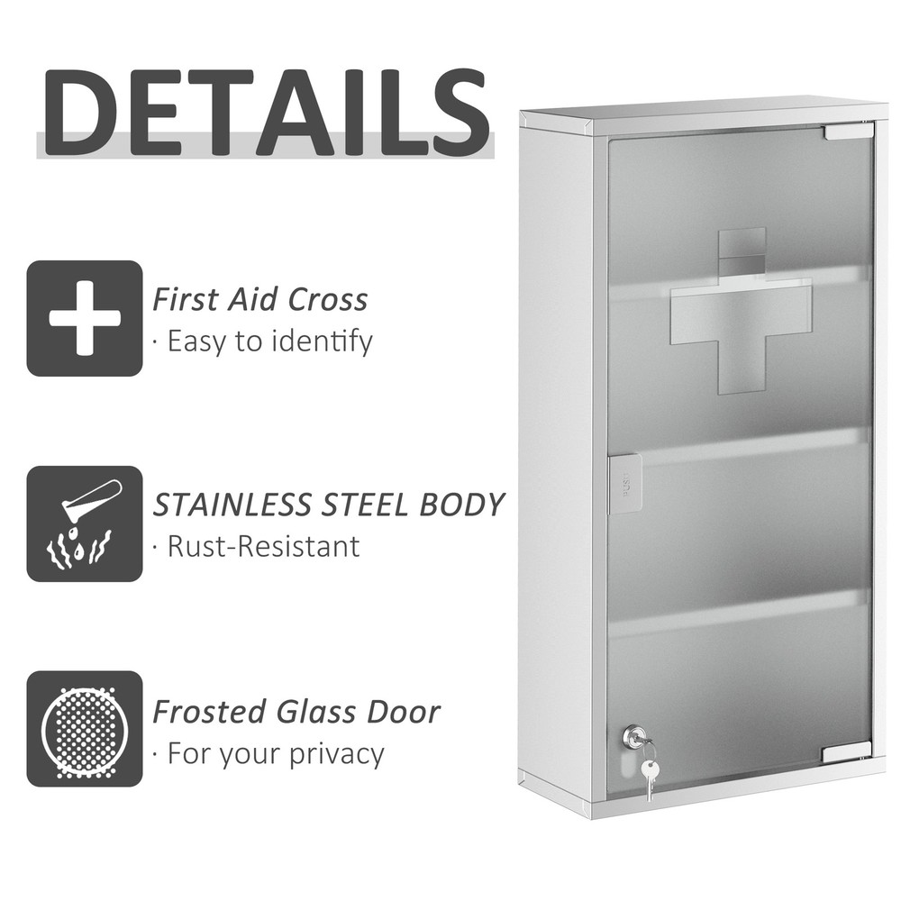 Wall Medicine Cabinet with Lock, Lockable Wall Cabinet, Silver