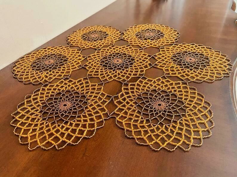 BROWN & ORANGE Handmade Crochet Beaded Doily 21”