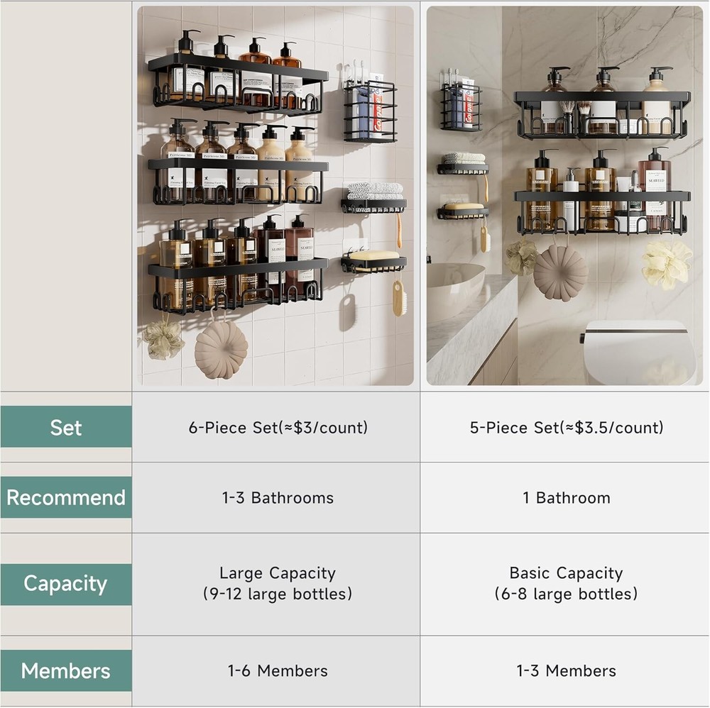 6-Piece Stainless Steel Shower Caddy Set - Rustproof, Adhesive Storage Solution