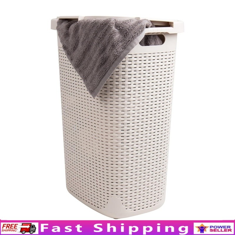 Slim Laundry Hamper W/ Lid Portable Plastic Wicker Design Space-Saving Basket US