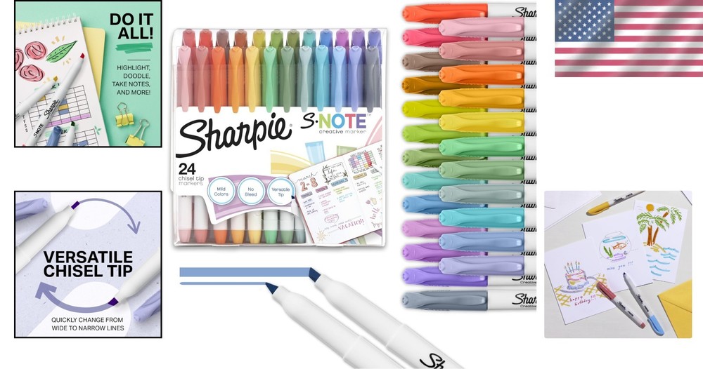 S-Note 24 Count Creative Markers & Pastel Highlighters - Chisel Tip Assortment