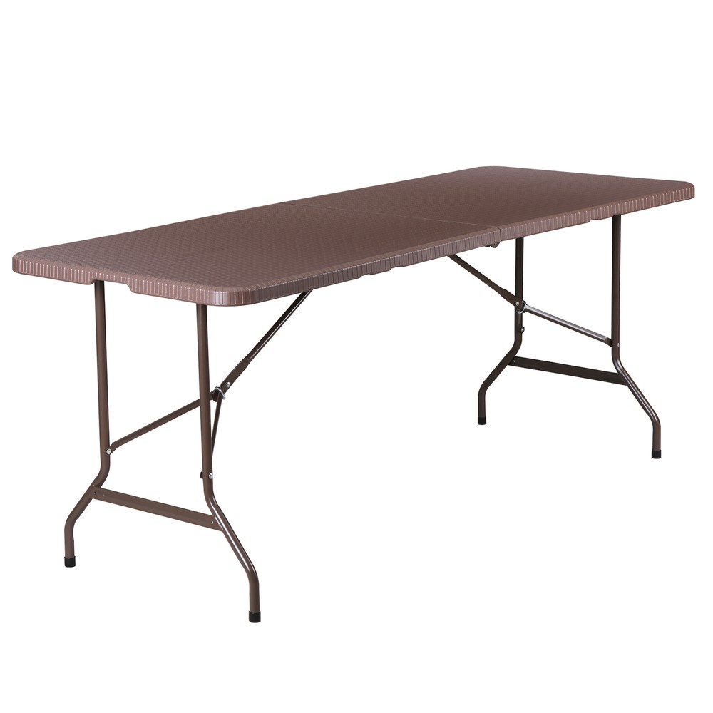 6FT Plastic Folding Table - Folds in Half w/ Carrying Handle Rectangular Brown