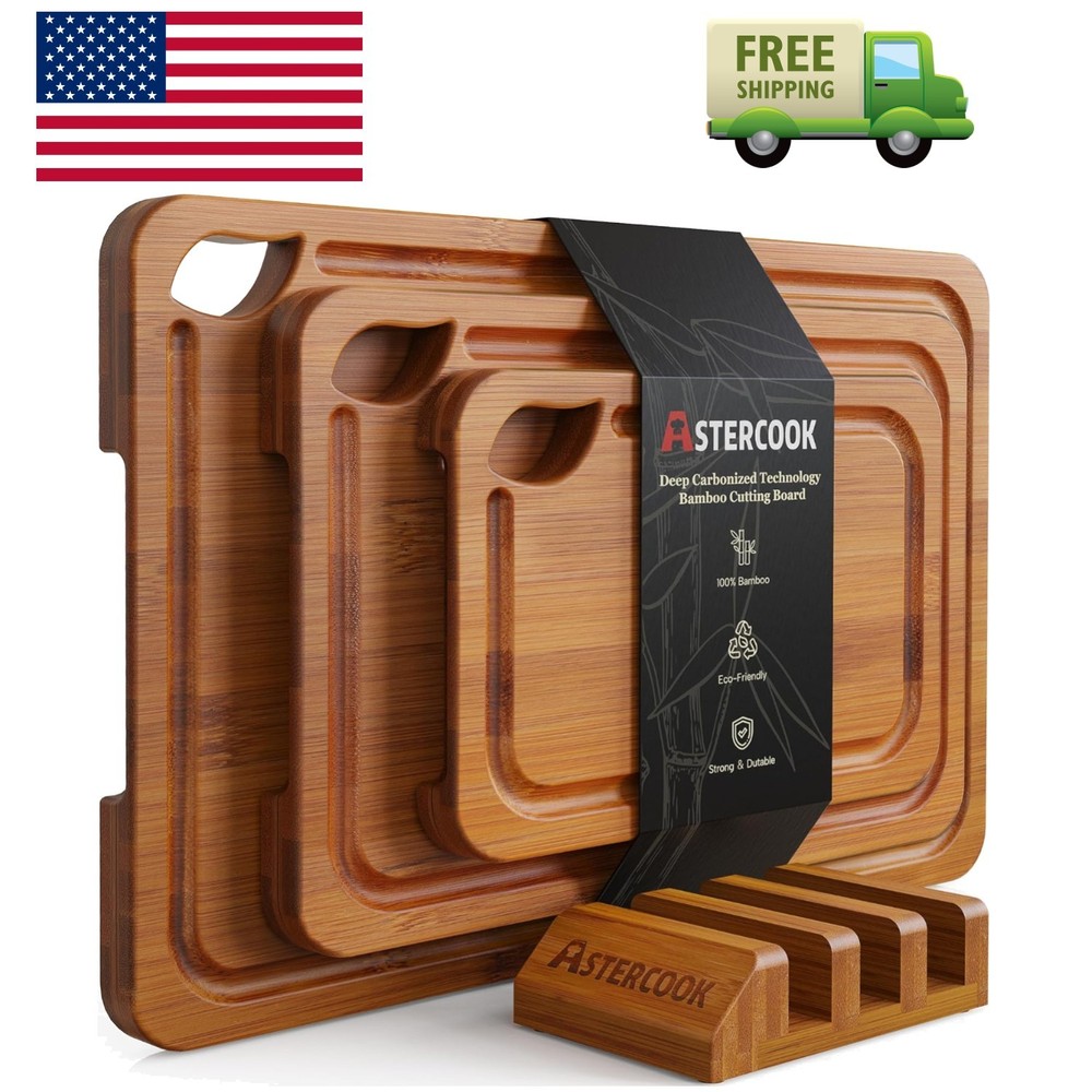 Deep-Carbonized Bamboo Cutting Boards for Kitchen with Wood Storage Stand, Re...