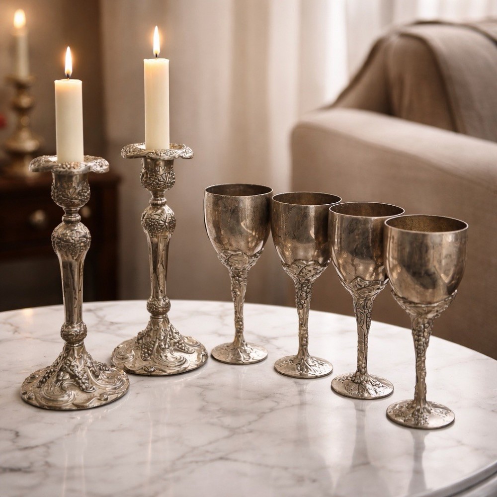 Godinger Silver Plate 4 Goblets & 2 Candlesticks Ornate Grape 9”